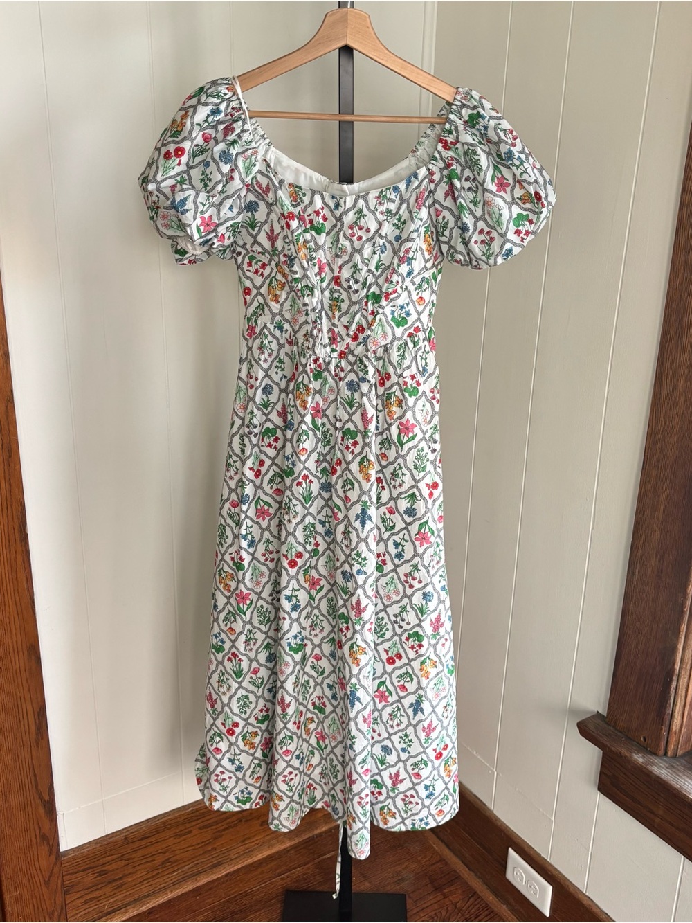 Moon River Puff Sleeve Corset Midi Dress White Floral Womens XS